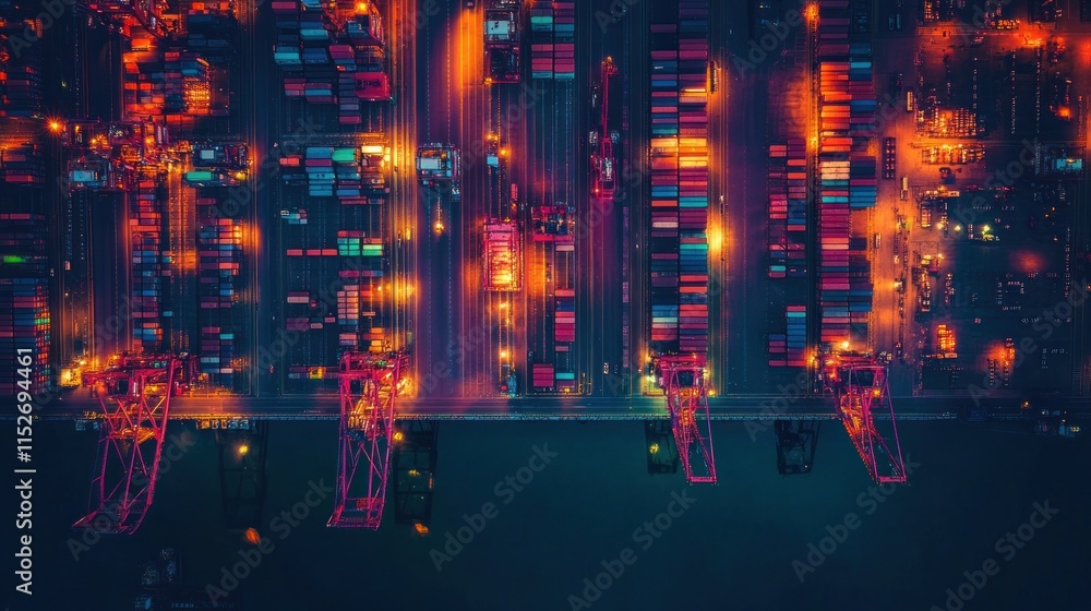 Poster Aerial view of a busy shipping port illuminated at night, showcasing containers and cranes.