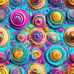 Colorful and vibrant abstract pattern featuring swirls and circular shapes, resembling decorative cakes or pastries, creating joyful and playful atmosphere