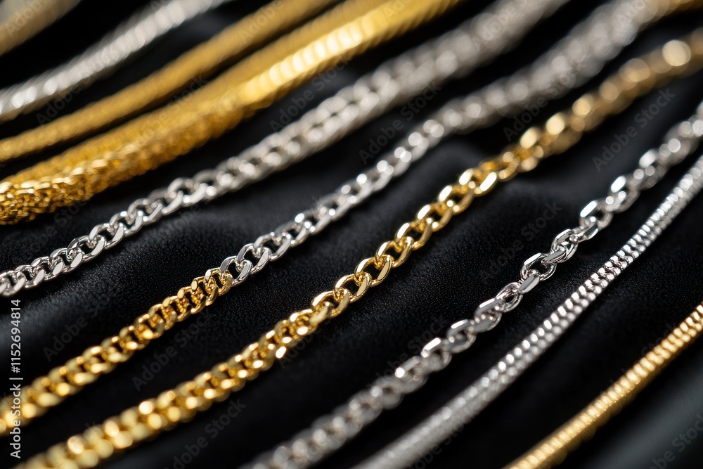 Poster a display of elegant gold and silver chains arranged on a dark fabric background.