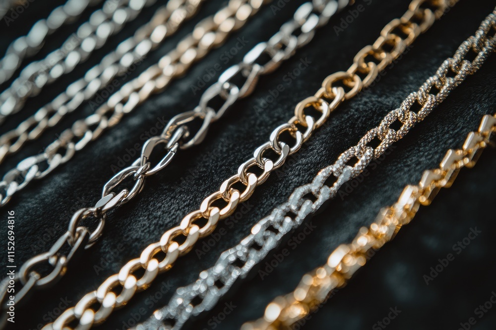 Poster a collection of various metal chains arranged on a dark surface.