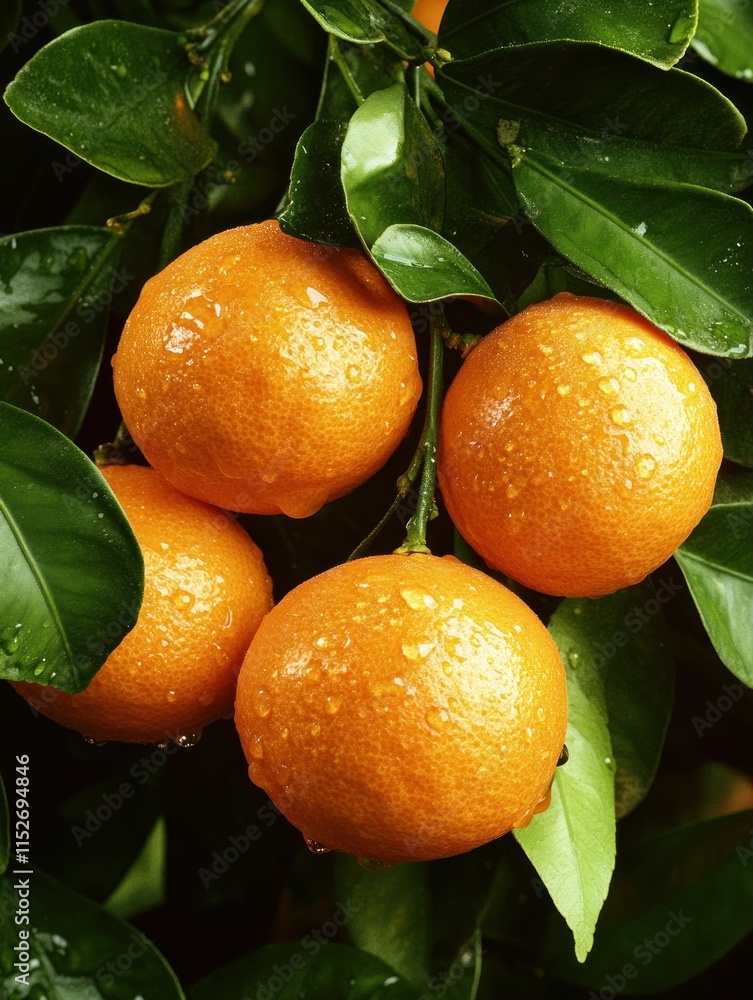 Poster fresh oranges with water droplets on a branch surrounded by green leaves.