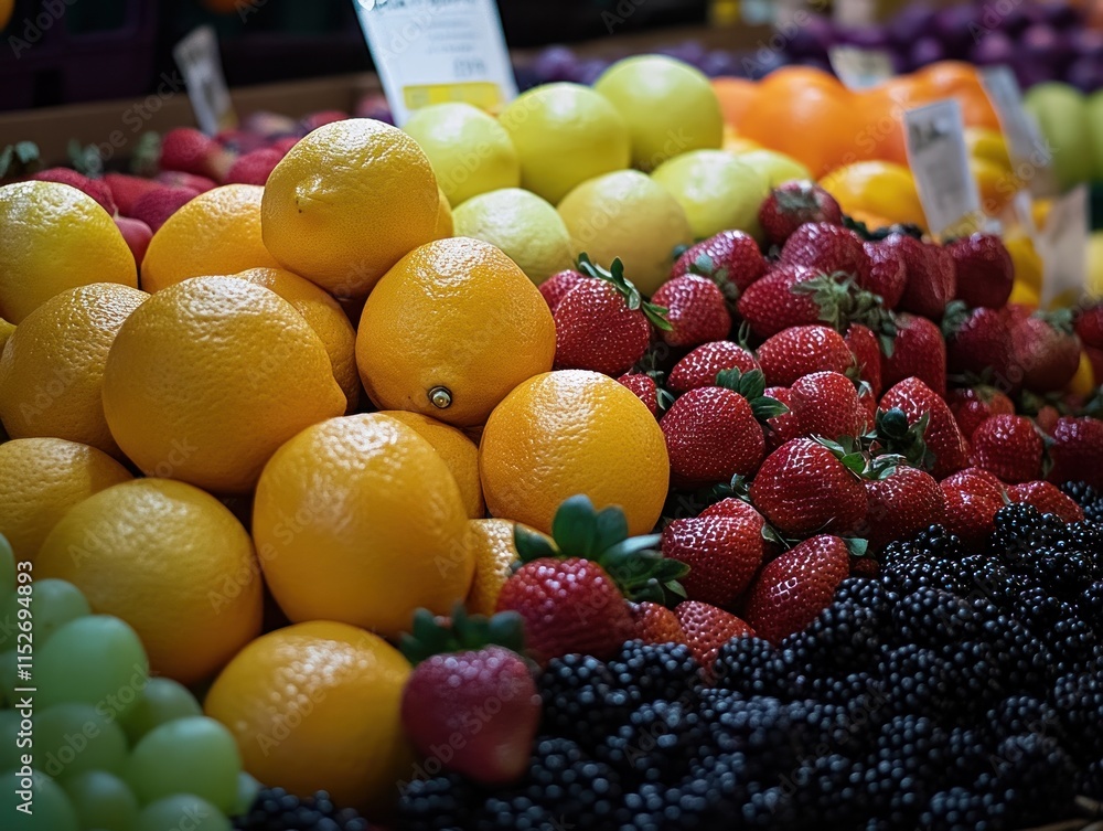 Poster a vibrant display of assorted fruits in a market setting.