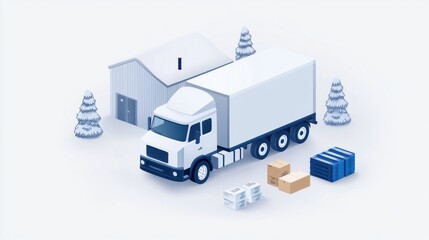 Delivery Truck Parked Near Warehouse During Winter with Snowy Trees and Cargo Ready for Shipment