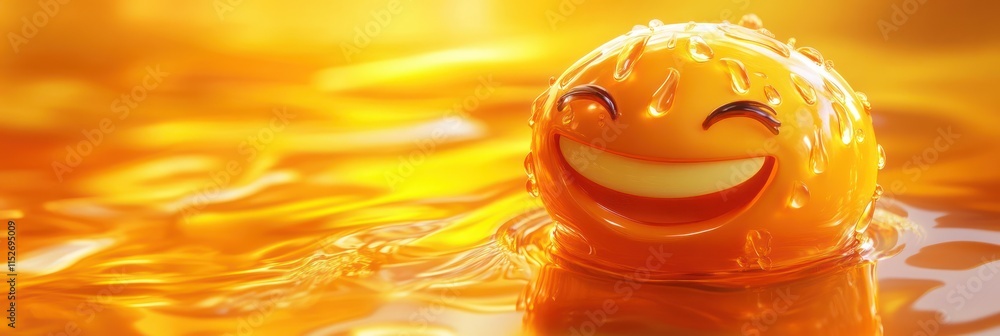 Poster A cheerful, smiling orange character floating in a shiny, golden liquid.