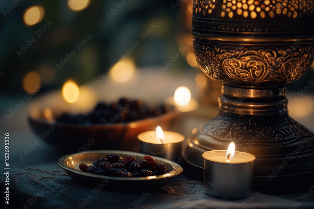 Poster a serene setting with candles and a decorative lantern, evoking a cozy atmosphere.