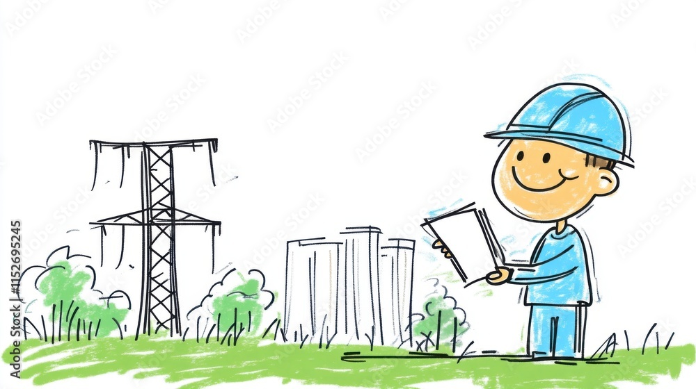 Poster cute cartoon character in hard hat examining blueprints with power lines and buildings in the backgr