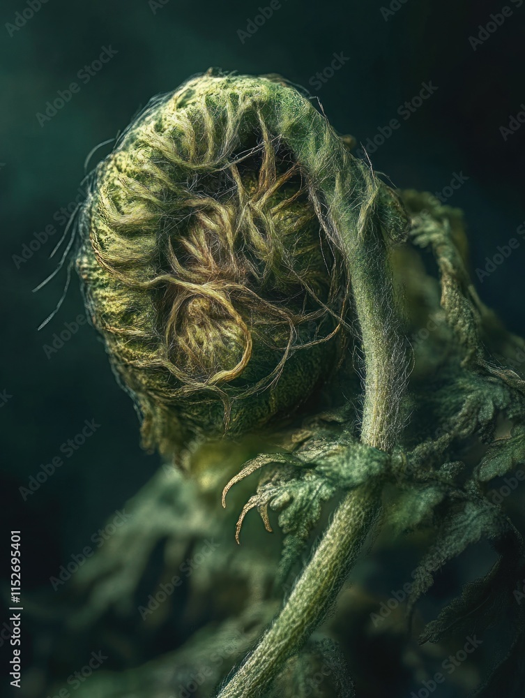 Poster A close-up of a curled fern frond, showcasing intricate textures and natural patterns.