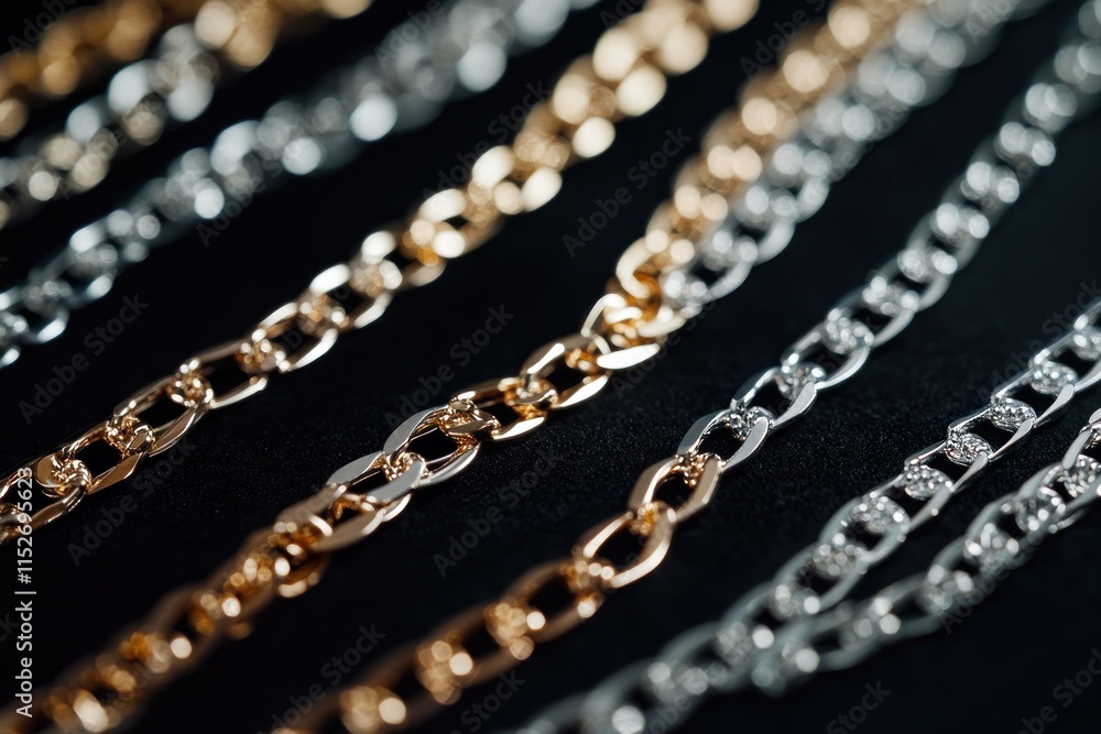 Poster a collection of elegant gold and silver chains displayed on a dark surface.