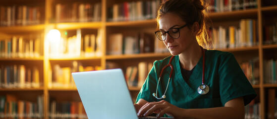 Caregiver Freelance Healthcare concept. A healthcare professional working on a laptop in a library setting.