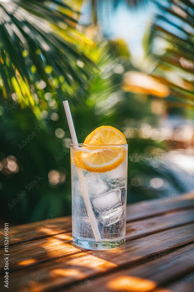 Poster a refreshing drink with lemon slices and ice against a tropical backdrop.