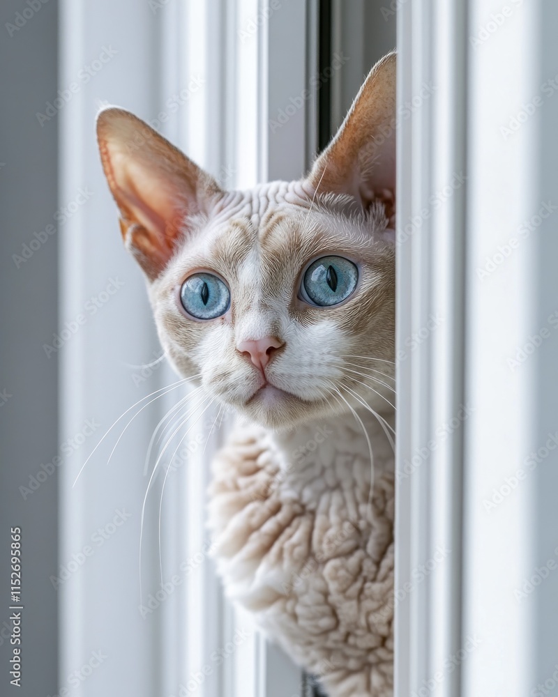Poster a close-up of a curious cat peering through a gap in the door.