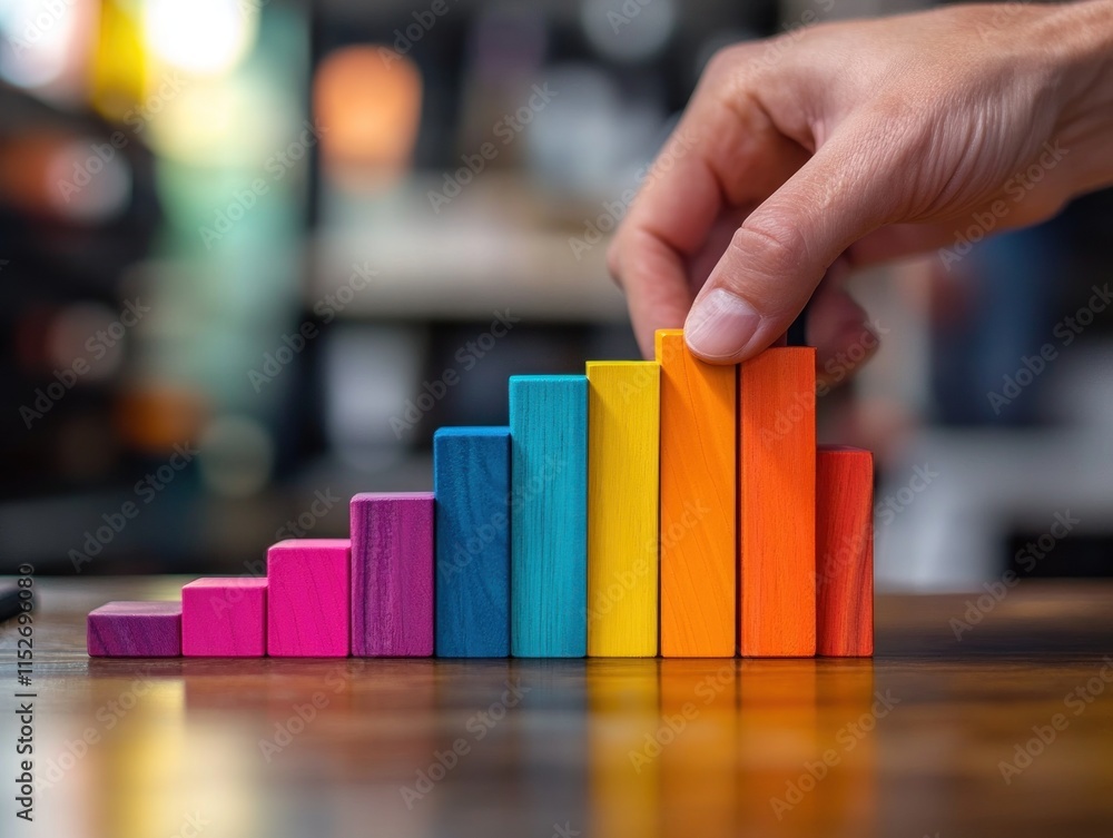 Poster a hand arranges colorful wooden blocks in ascending order, symbolizing growth or progress.