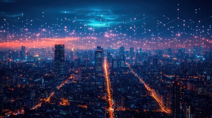 Fototapeta premium Night cityscape, illuminated buildings, connected network.