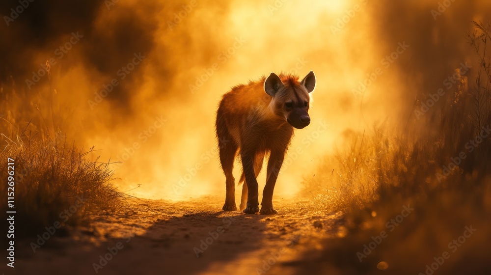 Poster a hyena walks through a dusty path illuminated by warm sunlight.