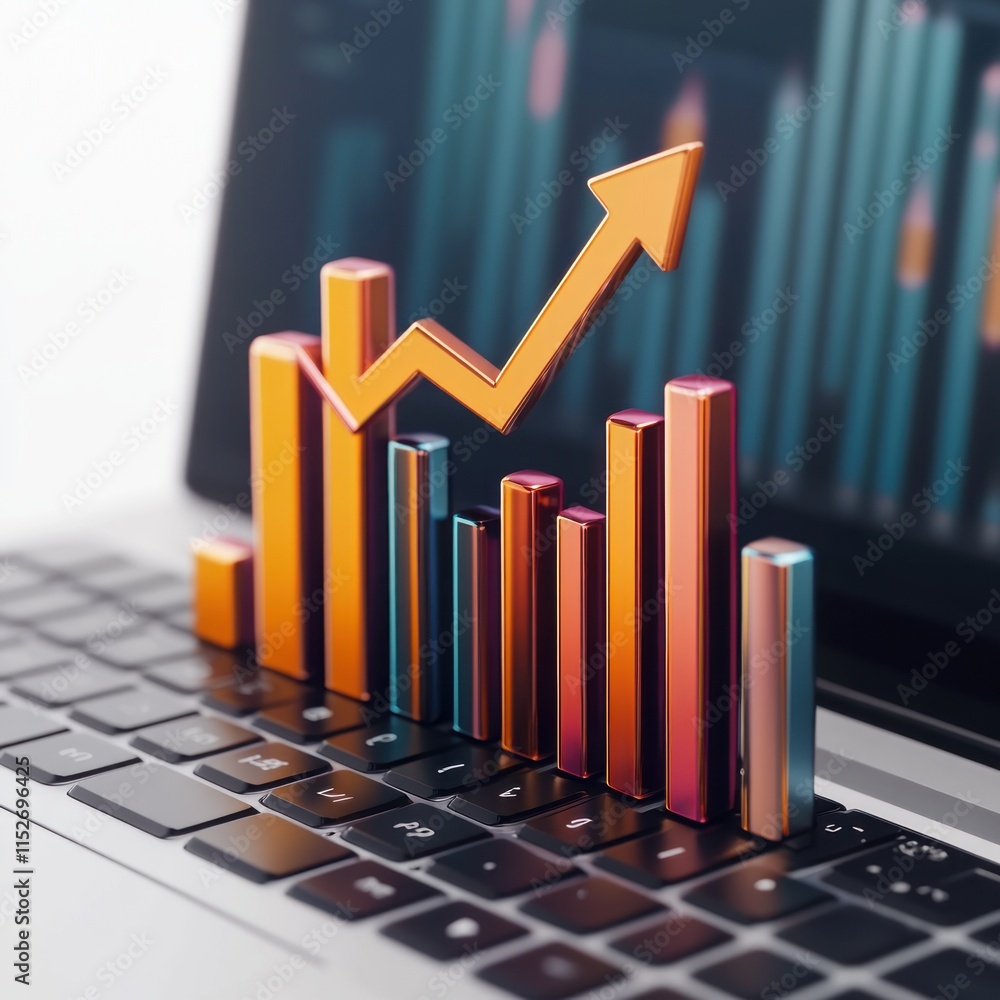 Aufkleber A stylized bar graph with an upward arrow on a laptop keyboard, symbolizing growth and data analysis.