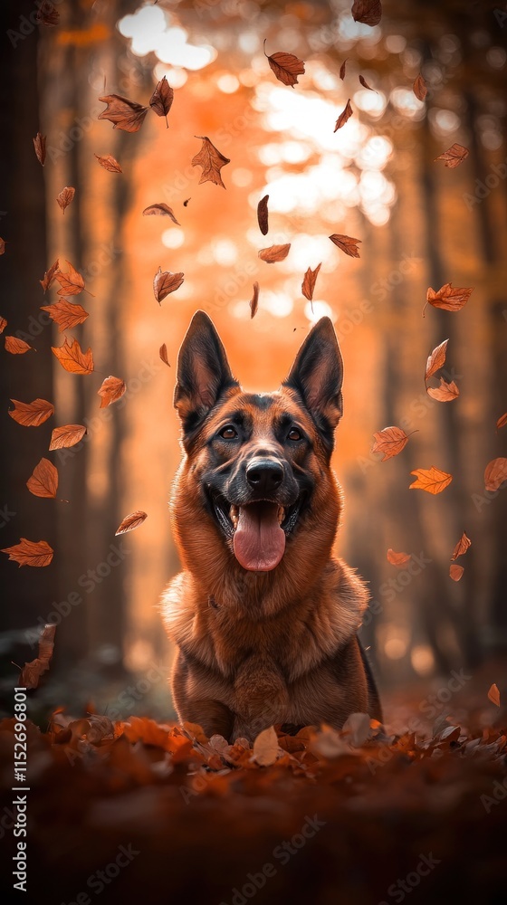 Aufkleber a happy dog surrounded by falling autumn leaves in a serene forest setting.