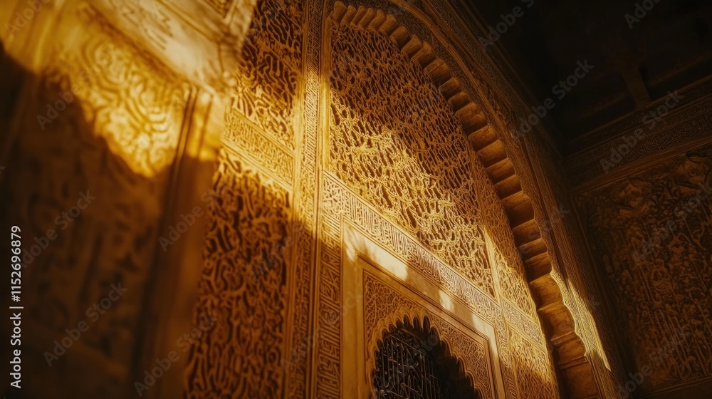 Aufkleber Intricate wall with ornate carvings illuminated by soft light.