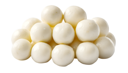 A collection of baby mozzarella cheese balls is presented against a white background