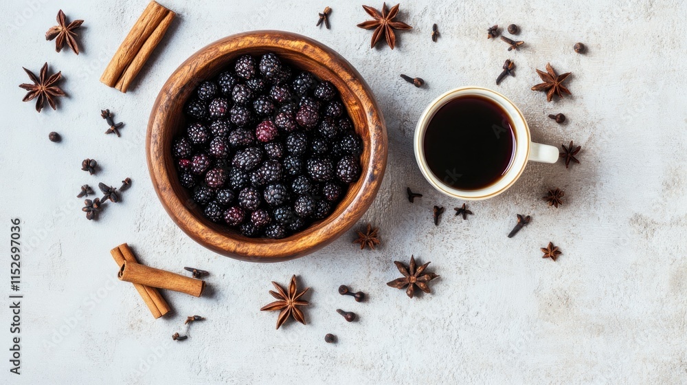 Aufkleber a rustic bowl of blackberries beside a cup of coffee and spices on a textured surface.