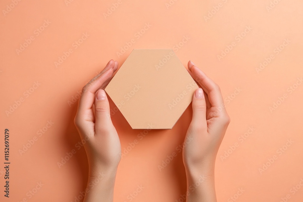 Aufkleber A person holding a hexagonal object against a soft peach background.