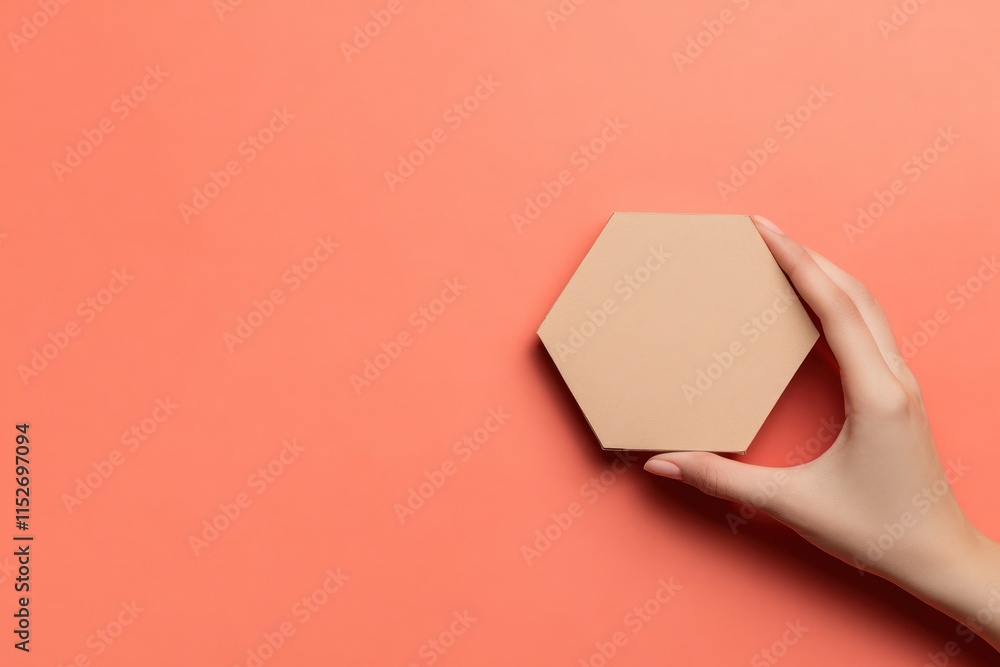 Aufkleber a hand holding a beige hexagonal object against a coral background.