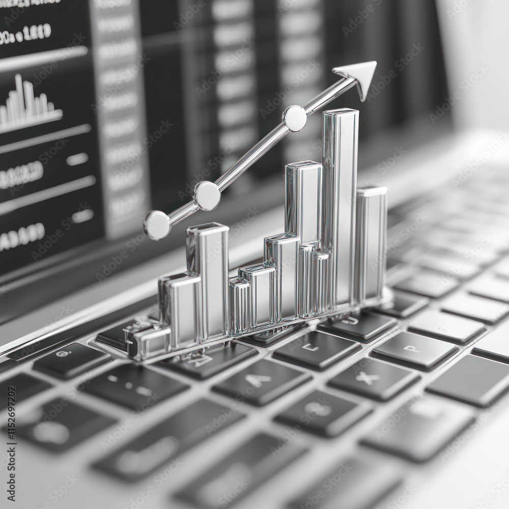 Poster A 3D bar graph representing growth on a laptop keyboard, symbolizing data analysis and progress.