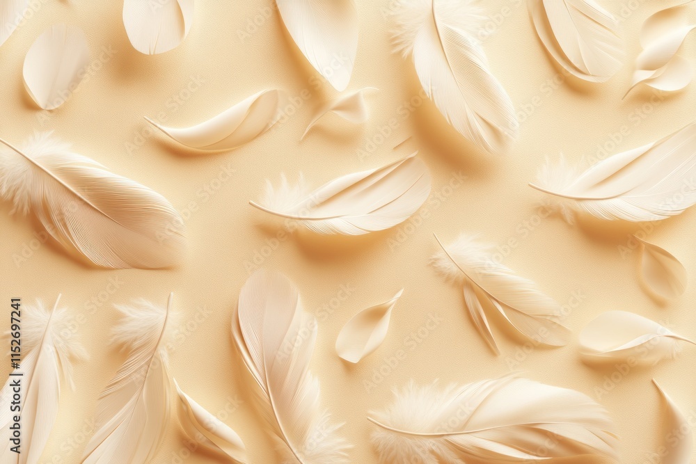 Aufkleber a collection of soft, cream-colored feathers arranged artistically on a light background.