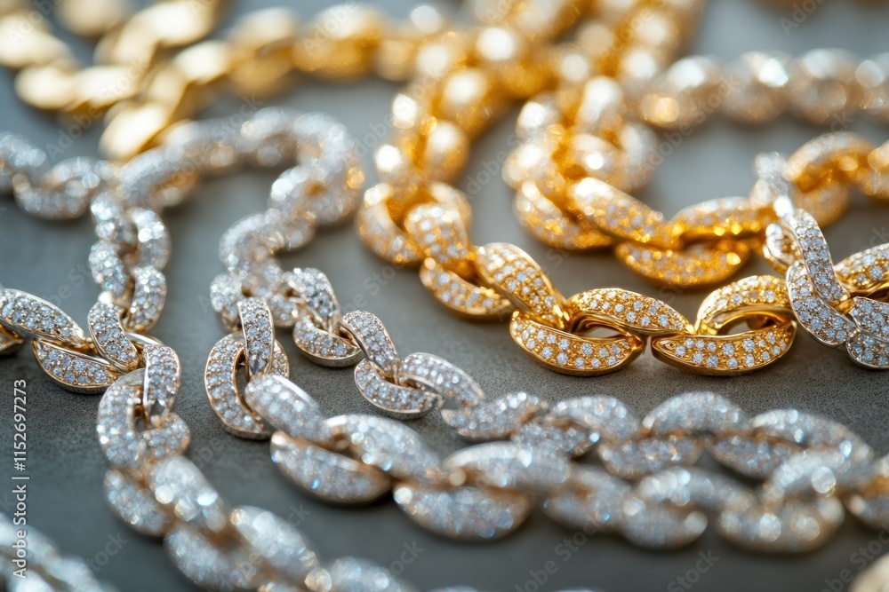 Poster a close-up of elegant gold and silver chains adorned with sparkling stones.