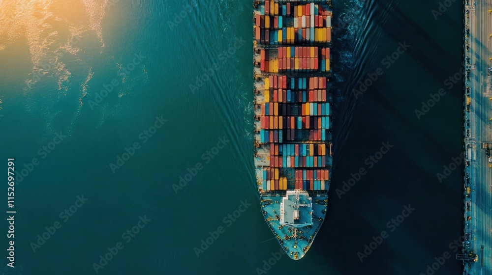 Aufkleber aerial view of a cargo ship navigating through water, loaded with colorful containers.
