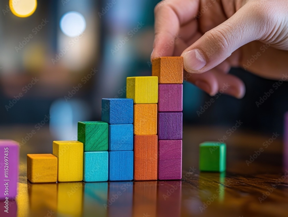 Poster a hand arranging colorful wooden blocks in a stair-step pattern on a wooden surface.