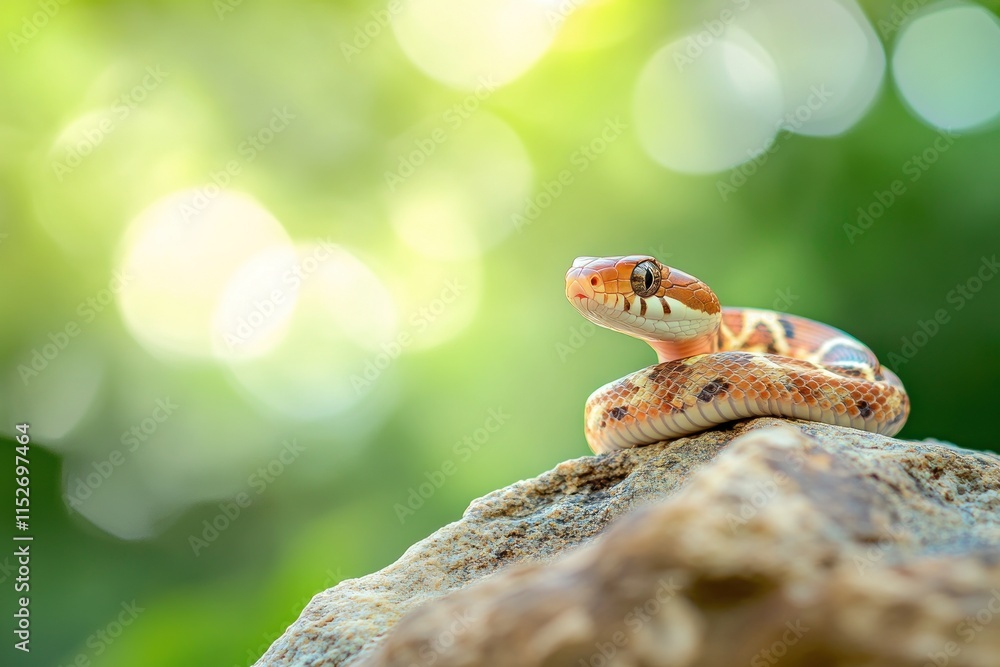 Poster A close-up of a colorful snake resting on a rock with a blurred green background.