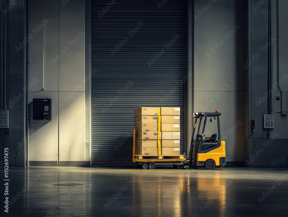 Poster a forklift transporting stacked boxes in a warehouse setting.
