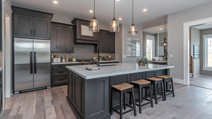 Sleek contemporary kitchen featuring charcoal gray cabinetry quartz countertops modern pendant lighting and minimalist bar seating. Quartz. Illustration