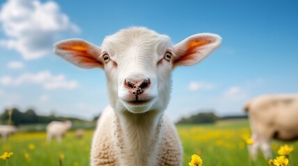 Fototapeta premium Adorable Lamb Grazing in Flowery Meadow with Cloudy Sky
