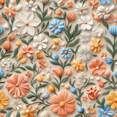 Floral seamless pattern featuring colorful flowers and leaves on beige background, creating vibrant and cheerful atmosphere. Perfect for textiles and wallpapers