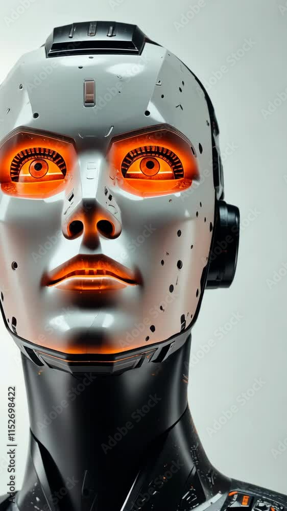 Poster futuristic humanoid robot with glowing facial features in a minimalist environment illustrating adva