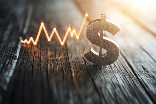 A textured wooden surface supporting a prominent silver dollar symbol, with a glowing line graph ascending in the background, symbolizing financial progress.