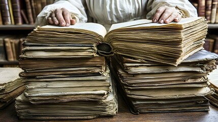 Hands gently holding open an ancient, aged book atop a stack of antique books in a library.