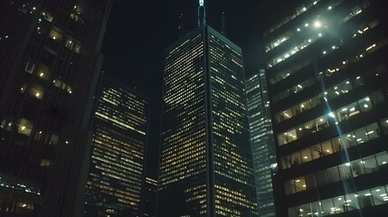 Night cityscape with illuminated skyscrapers.  Modern architecture at night.