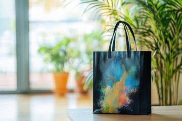 Black tote bag with colorful paint splatter design. Perfect for showcasing eco-friendly shopping or art concepts.