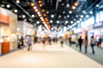 Blurred image of a crowded trade show floor with exhibitors and attendees.