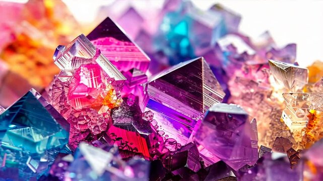 Vibrant crystals in purple, blue, and orange showcase intricate mineral patterns and textures, creating stunning display of colorful geology that evokes wonder.