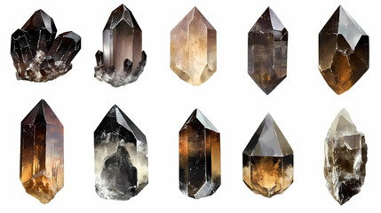 Png collection of smoky quartz crystals on white background. Quartz. Illustration
