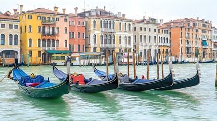 Venetian gondolas moored on the Grand Canal, colorful buildings in the background.