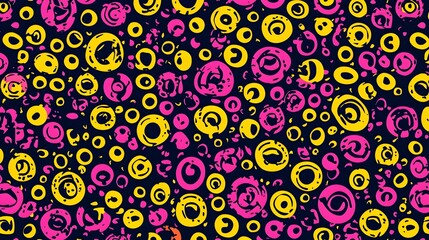 Abstract seamless pattern with pink and yellow circles on a dark background. Perfect for fabric, wallpaper, or textile design.