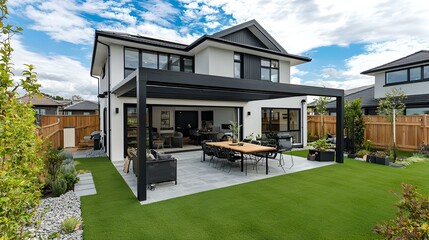 Modern house backyard with pergola, patio furniture, and artificial grass. Perfect for real estate, home design, and lifestyle marketing.