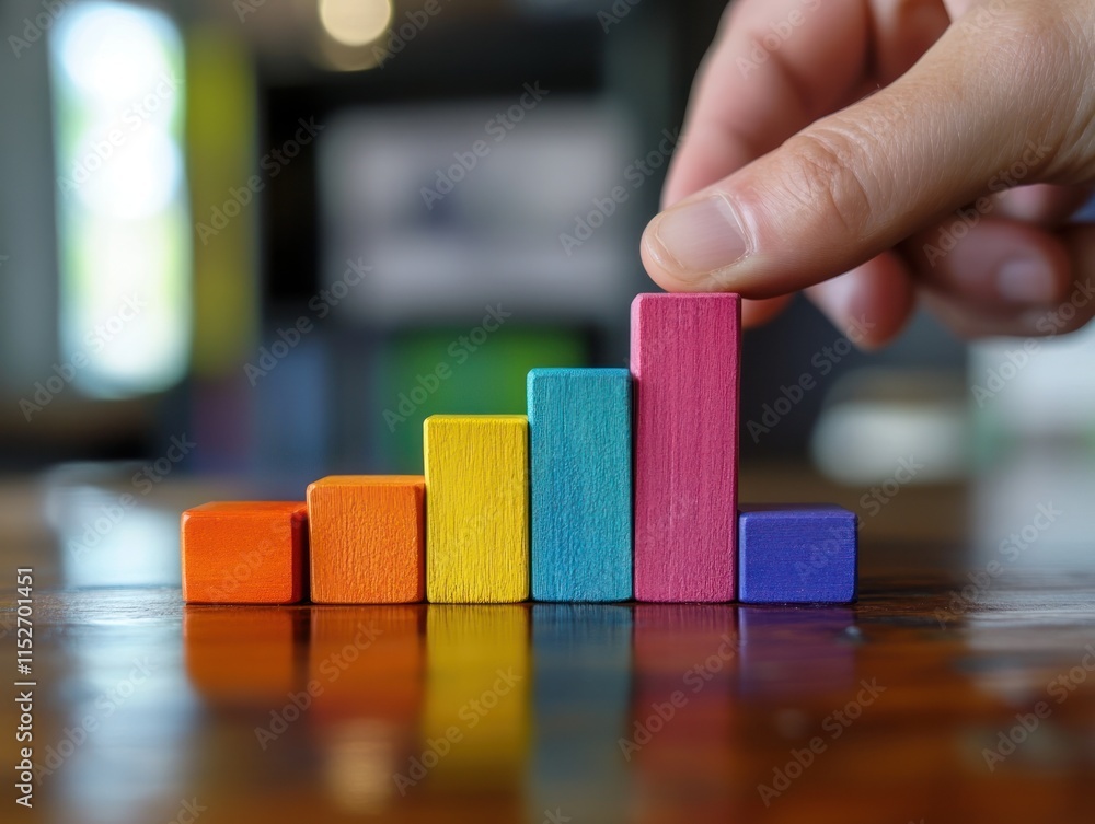 Poster A hand adjusts colorful wooden blocks representing a bar graph on a table.
