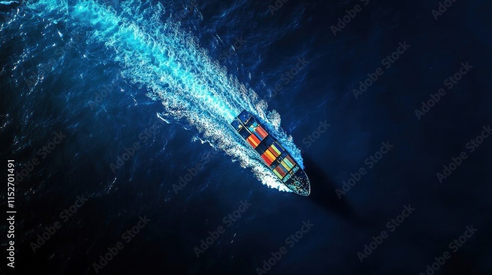 Poster aerial view of a cargo ship navigating through deep blue waters, leaving a wake behind.
