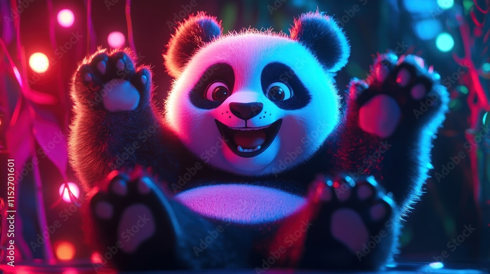 Aufkleber a cheerful cartoon panda sitting playfully, illuminated by colorful lights in a vibrant setting.