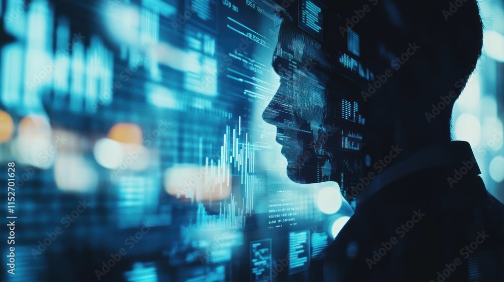 Poster a silhouette of a person against a backdrop of digital data and analytics.